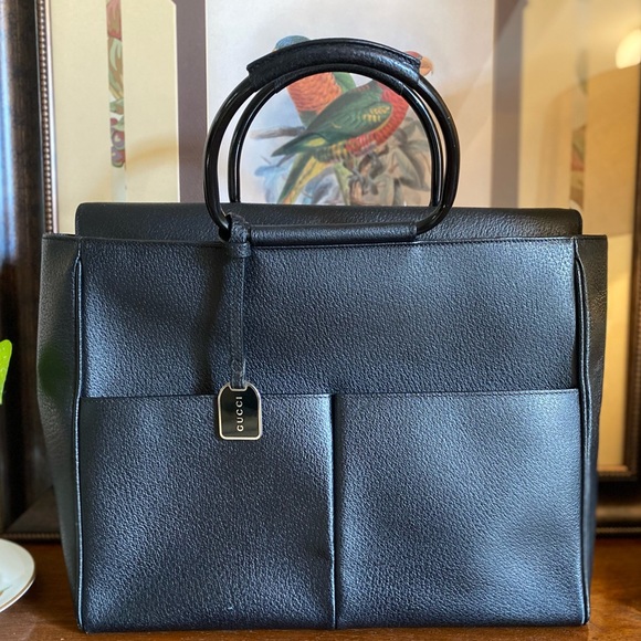 Gucci Vintage Tom Ford Black Pebbled Leather Satchel Metal Handles & Cha… - Picture 1 of 13
